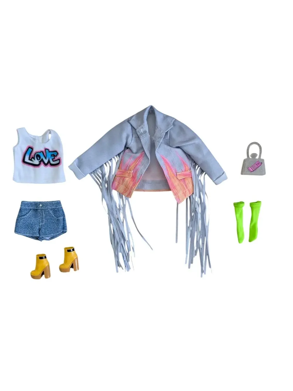 Barbie Extra Doll #5 Fringe Denim Outfit Jacket Top and Boots No Doll GRN29